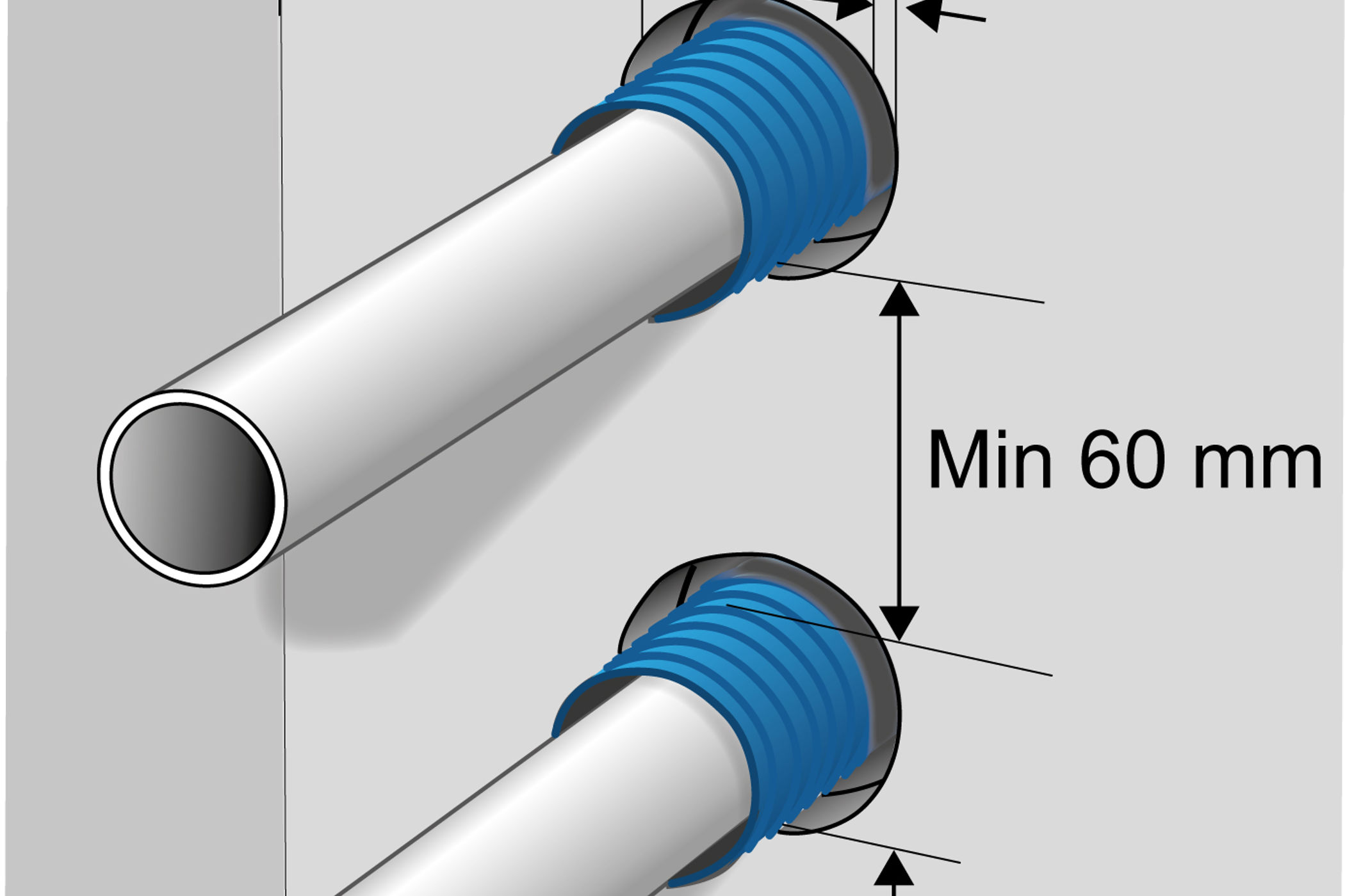 Rörgenomföring i vägg med tätskikt för rör över 32 mm.