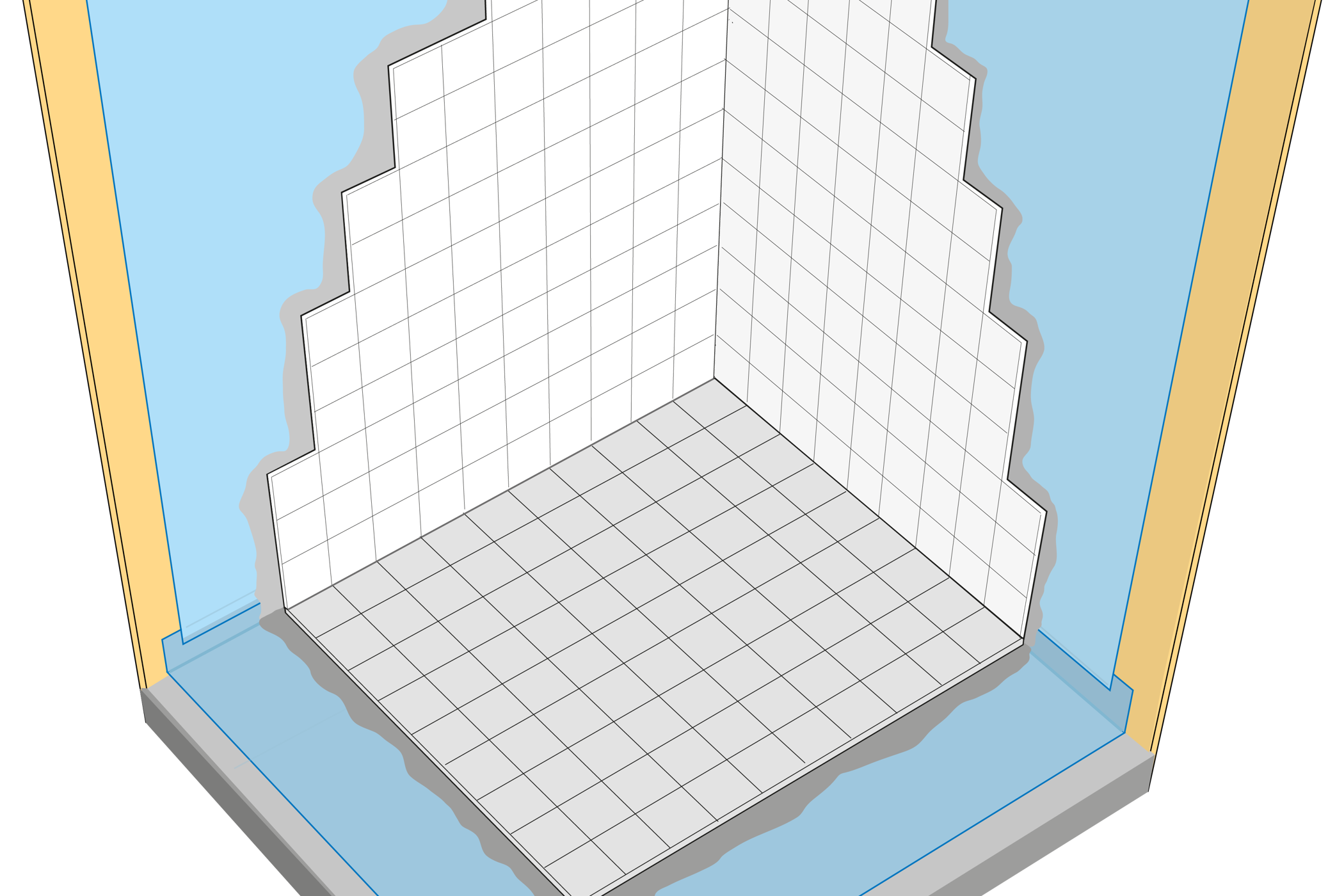 Konstruktion med plastmatta som tätskikt under keramiskt ytskikt.